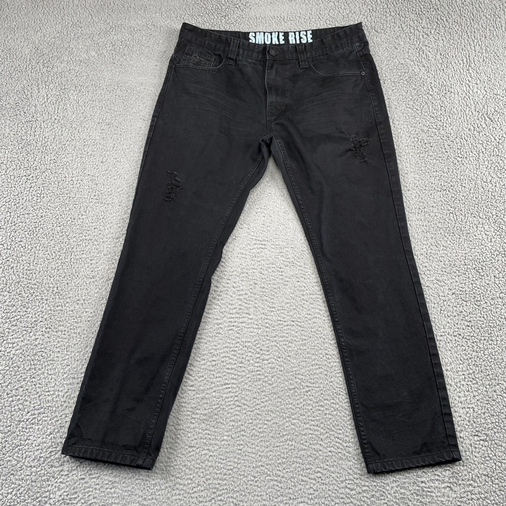 Smoke Rise Jeans Mens 38x32 Black Distressed Straight Leg Streetwear Denim
